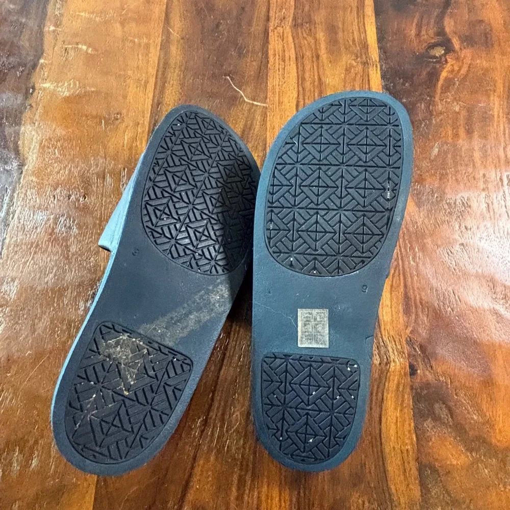 Tory Burch Miller Sport Slides Navy Blue Leather Logo Medallion Sandals Size 9